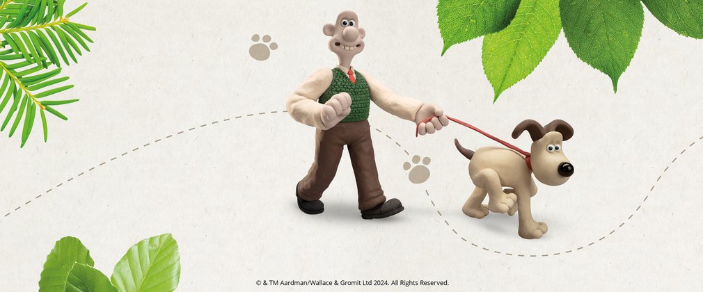 Aardman character Gromit being walked on a lead by Wallace
