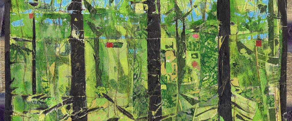 Artwork - painting of a mainly green landscape with dark tree trunks appearing across the middle