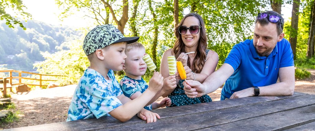 A man, woman, and two young boys wearing summer clothes holding ice creams as they sit on a picnic table in a forest setting.