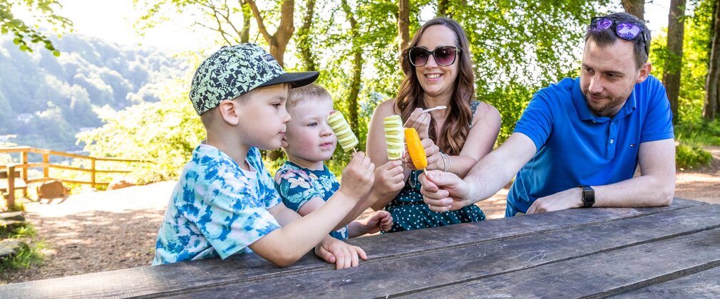 A man, woman, and two young boys wearing summer clothes holding ice creams as they sit on a picnic table in a forest setting.