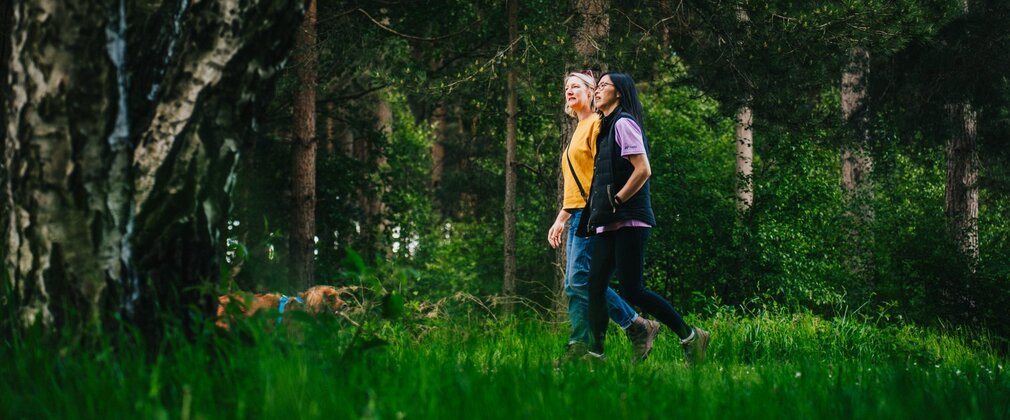 Two women walking side by side in the forest, with a small dog.