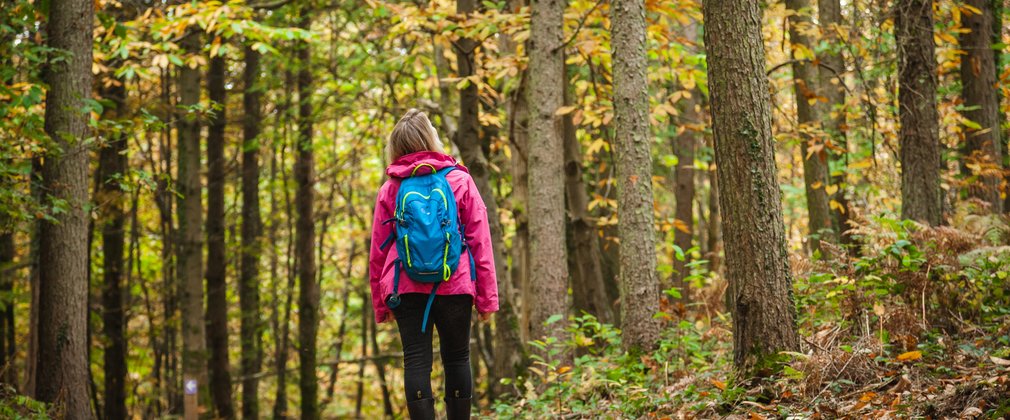 Women in pink coat walking through spring woodland