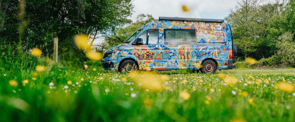 Campervan parked in forest car park with colourful decoration