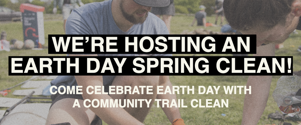 Image of man and woman litterpicking with overlaid text "We're hosting an Earth Day spring clean! Come celebrate Earth Day with a community trail clean. See the caption for details!" With logos below for Trek, The North Face, European Outdoor Conservation Association, Red Bull, komoot and Orbea