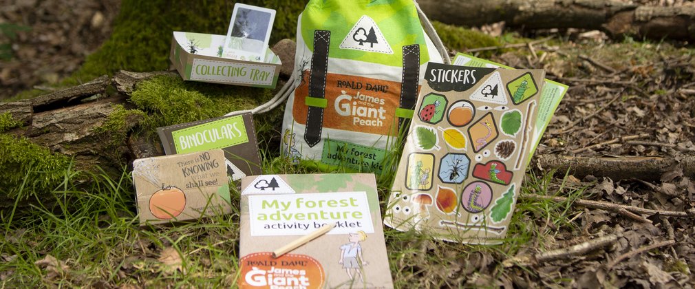 Contents of the my forest adventure kit on the forest floor