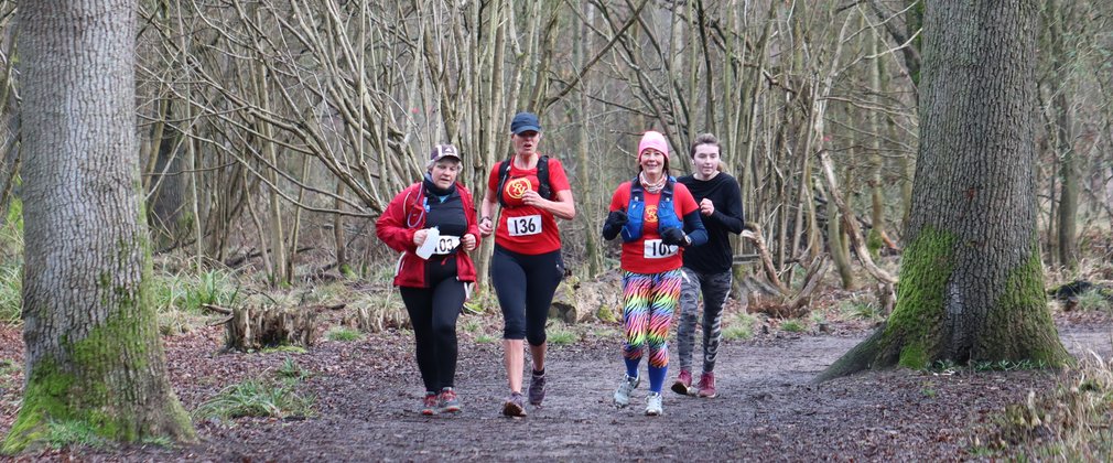 Four women running in the forest