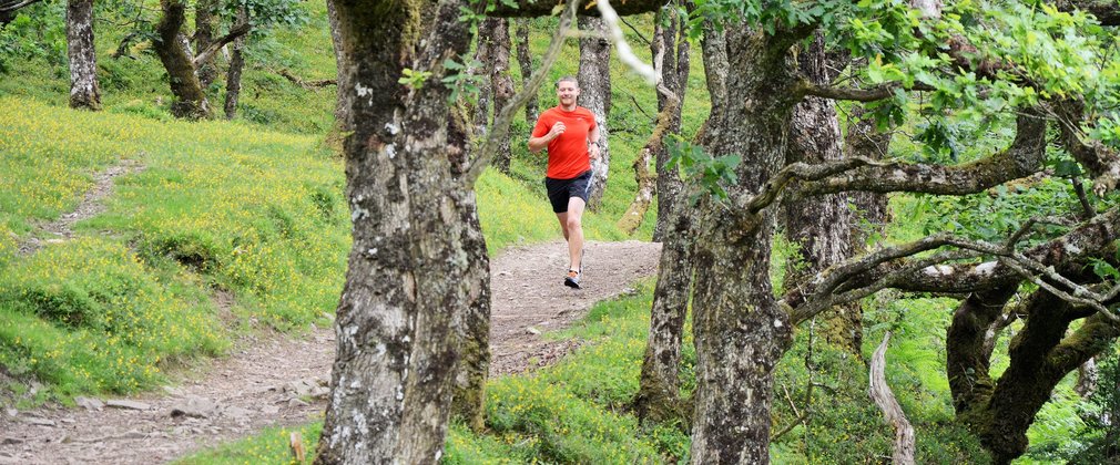 Man running in ancient woodland 