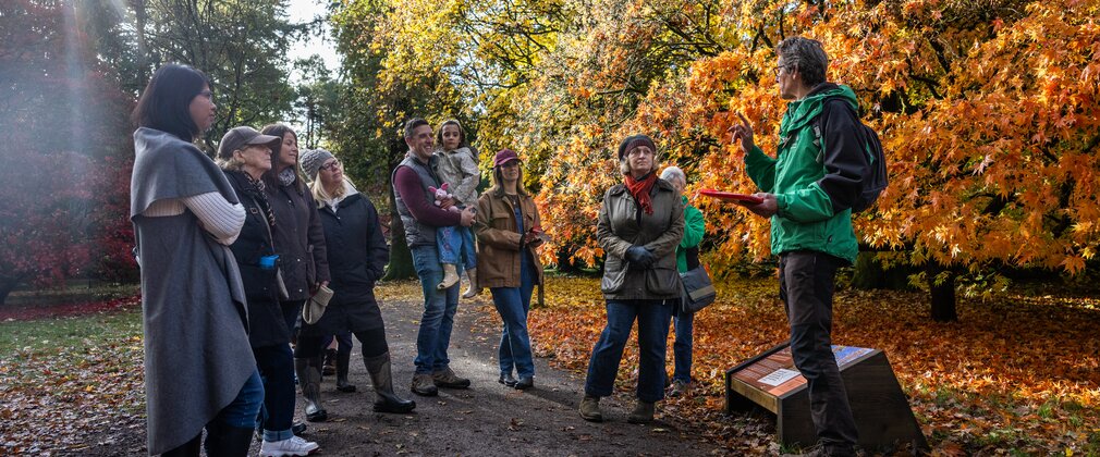 A group of people gather round a guide dressed in green on a discovery walk in autumn