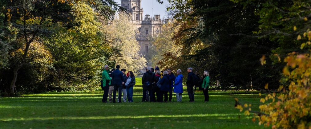 A group stand around listening to a guided walk in the distance. Behind them in the far distance is a grand building.
