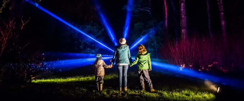 Adult and 2 children looking at Enchanted Christmas lights