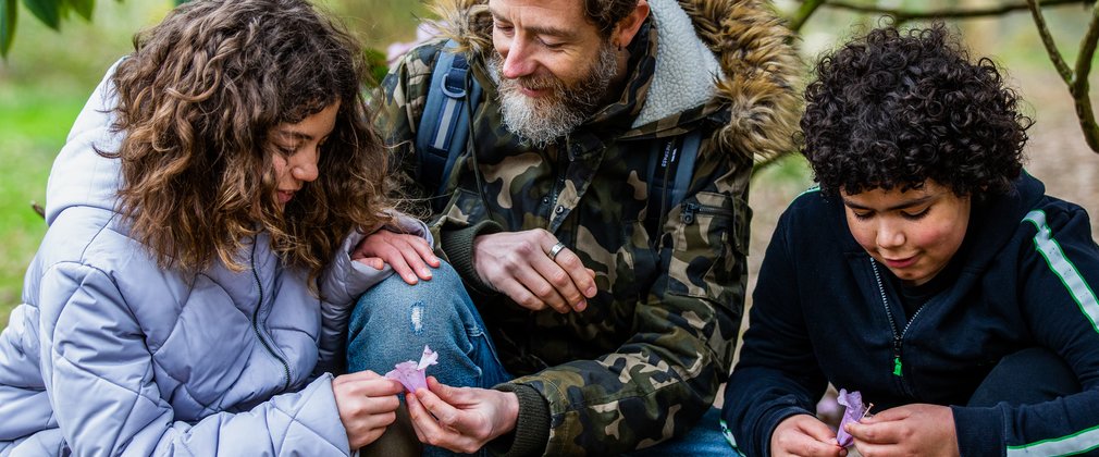 A father and his daughter and son look at purple flowers that have fallen off a rhododendron.