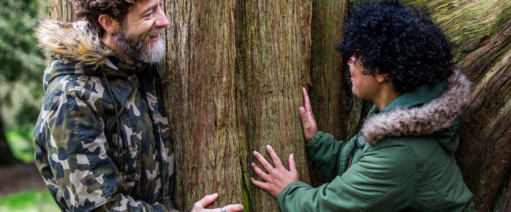 2 people hugging a tree