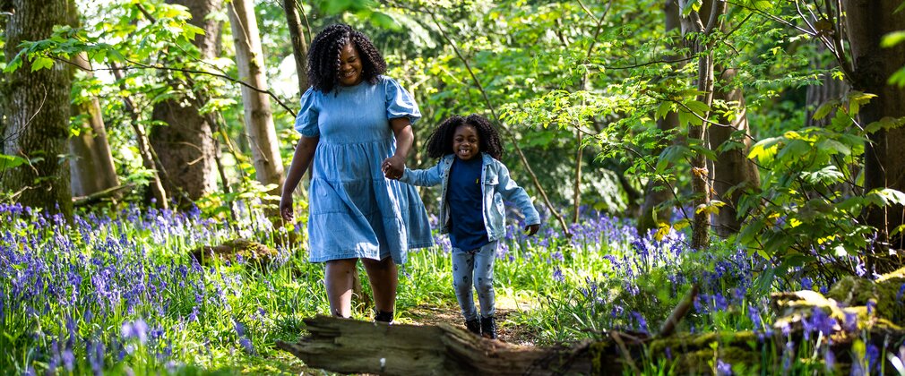 A mum and son walk along a woodland path surrounded by bluebells