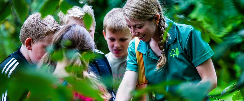 A learning assistant in a green top interacts with some children teaching them about trees in a woodland setting