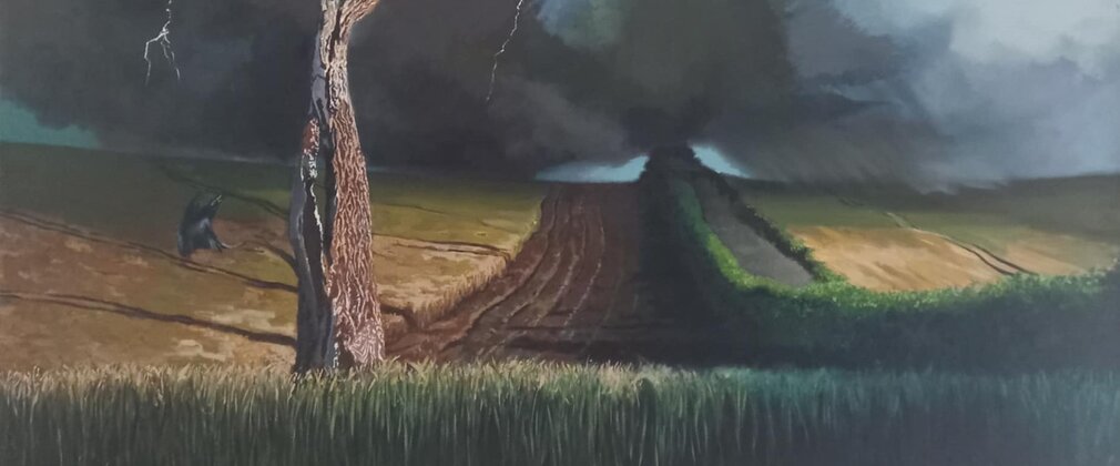 A painted scene of farmland
