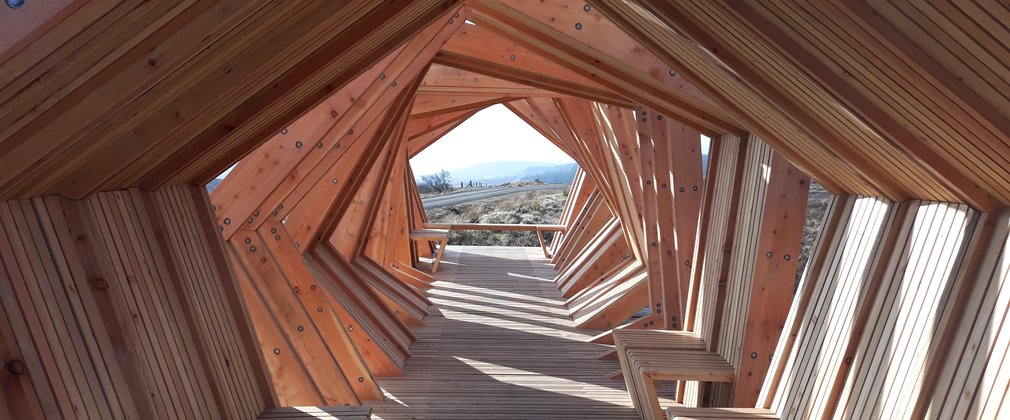 View through a striking timber shelter structure with view in the distance