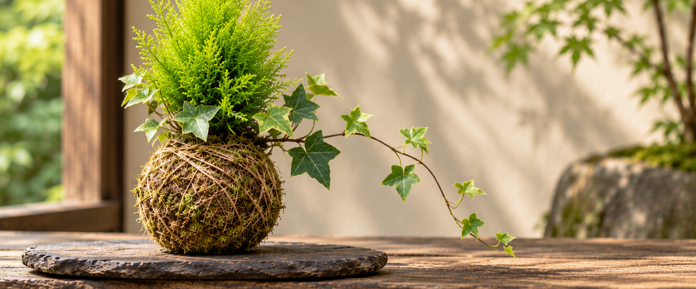 A kokedama wooden living sculpture