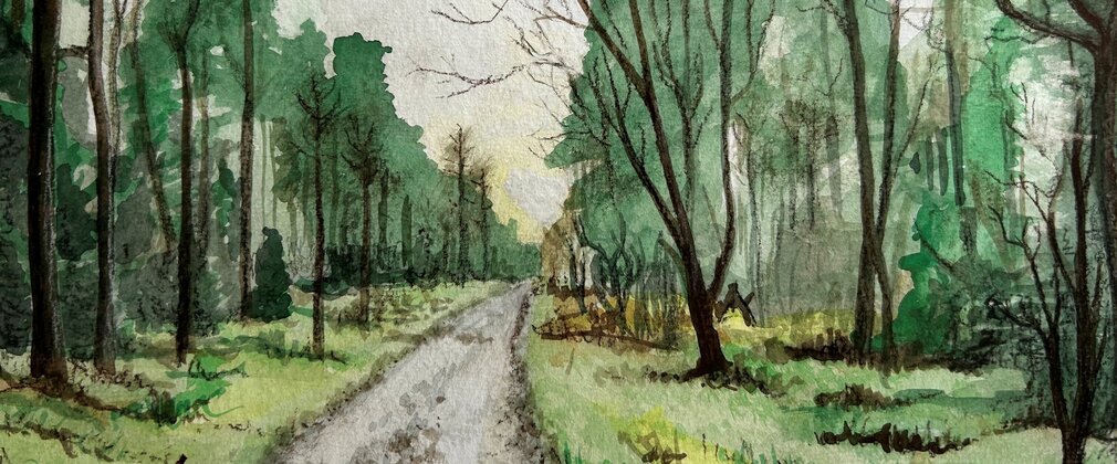 A painted scene of a forest
