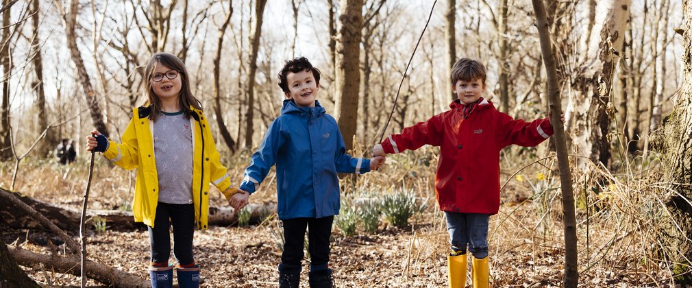 Three children in forest holding hands, and grabbing hold of trees and sticks