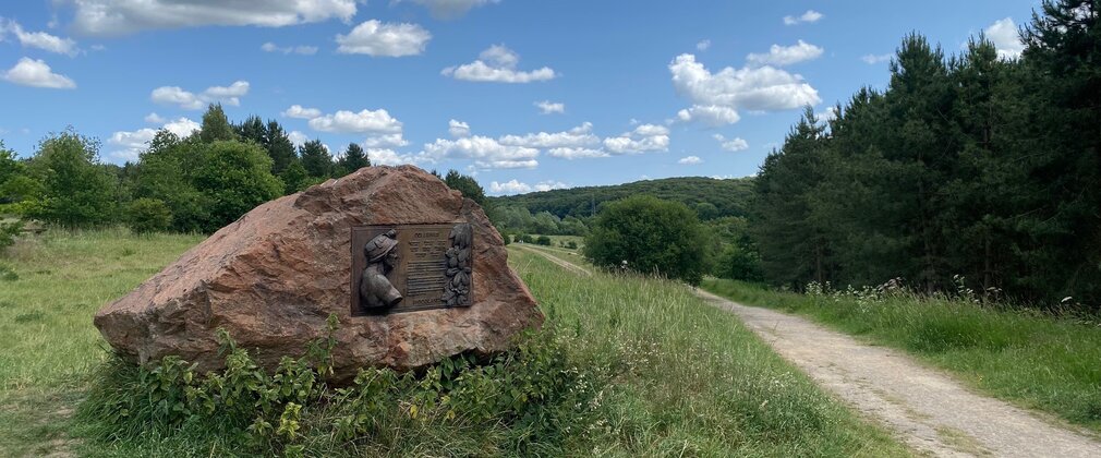 A memorial stone and plaque at Ollerton Pit wood