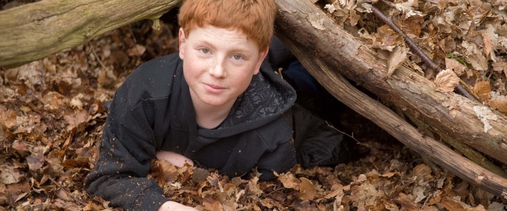Child playing in leaves