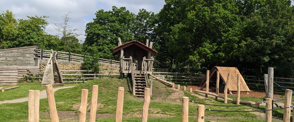 Wooden play structures in a forest setting