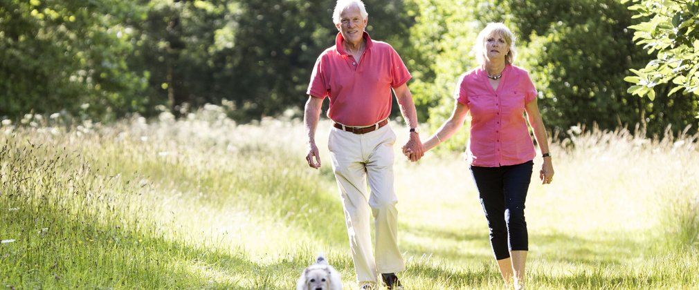 Couple walking with dog in the woods