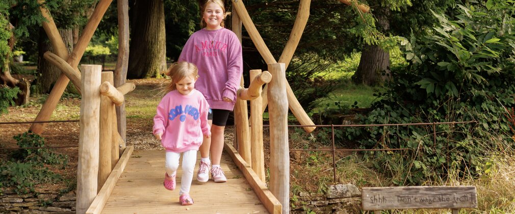 Children walk over a wooden bridge in the middle of a forest 