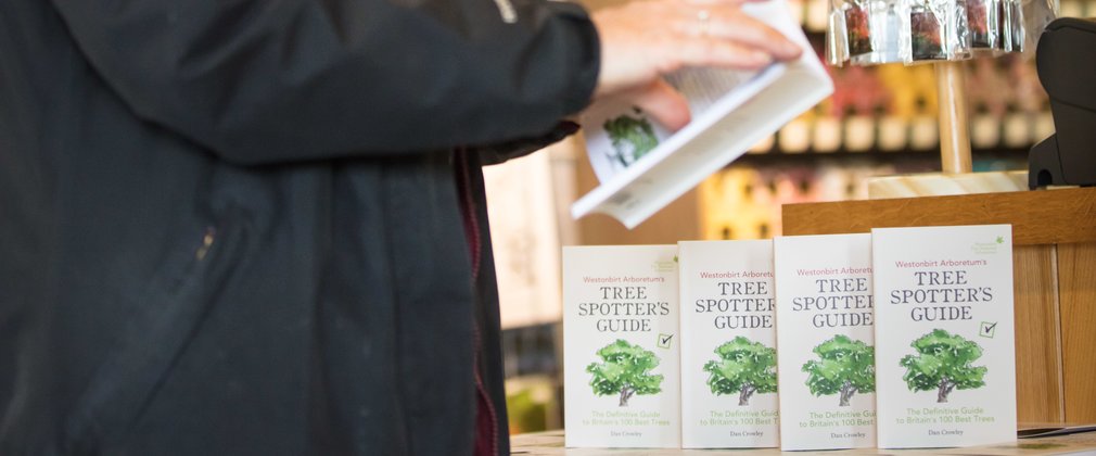 A woman leafs through a book in front of a table piled high with the same peach covered book. 