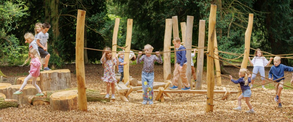 A wooden playground featuring ropes and wooden stumps to climb on. Children are having fun playing.  