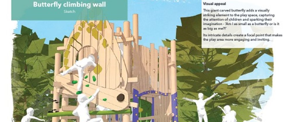 Artist's impression from Earth Wrights of play area 2 butterfly climbing wall