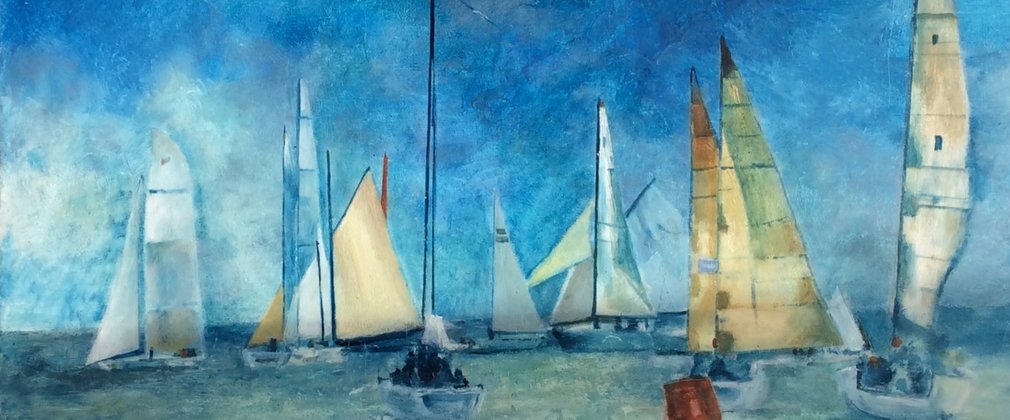 A painting of sailing ships on a beautiful blue sea, against a dark blue sky.