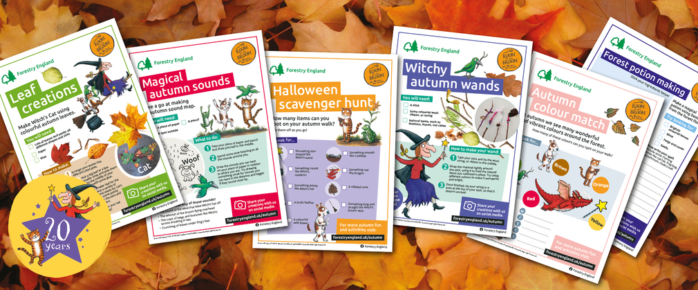 Autumn activity sheets on a leafy background
