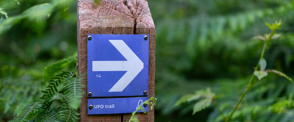 Directional arrow sign pointing towards UFO trail at Rendlesham forest