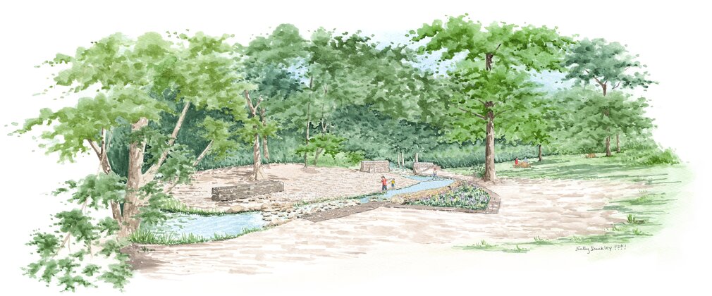 Artists impression of the completed works shows a stream in a woodland setting. Exposed stone walls, in sections with a steppings stones over the stream. Children playing in the stream while people picnic on a bench nearby.