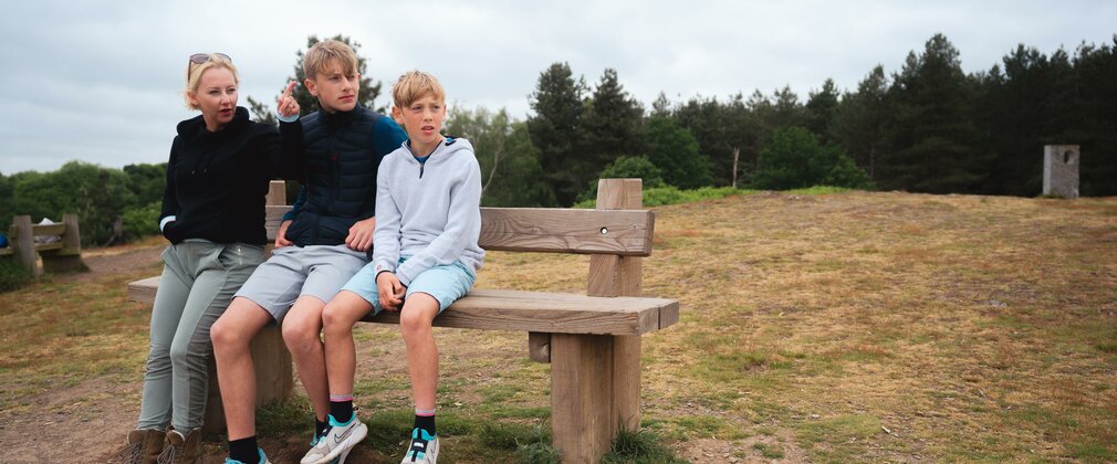 A woman and two boys are sat on a bench. They are all looking in the same direction.