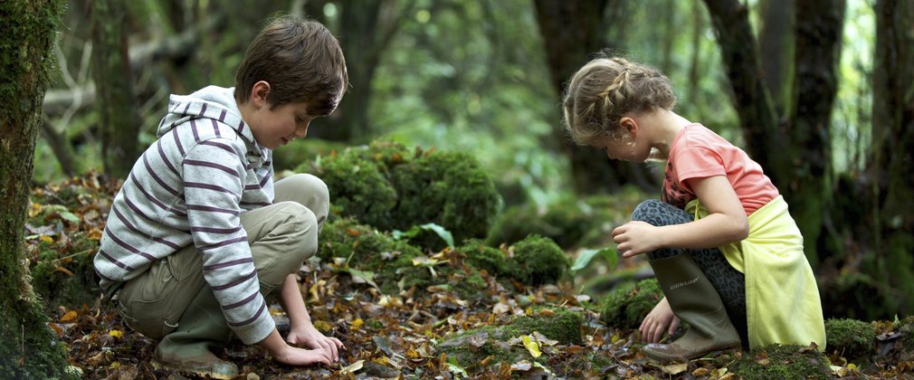 Children looking on forest floor scavenger hunt 