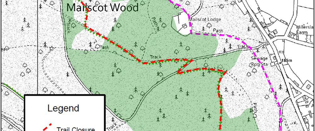 A map displaying the Mailscot Wood Trail diversion