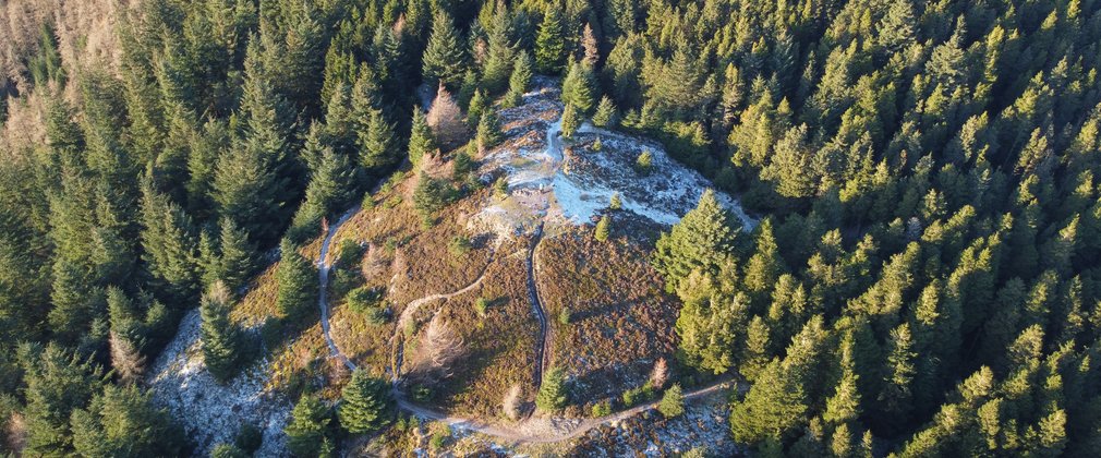 A drone shot looking down on a frosty hill top surrounded by coniferous trees