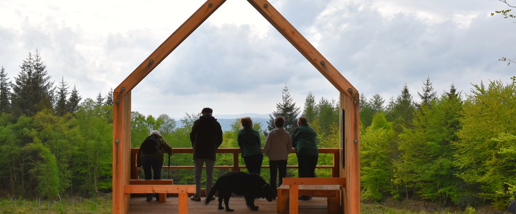 A group of people stand in a timber structure looking across the countryside