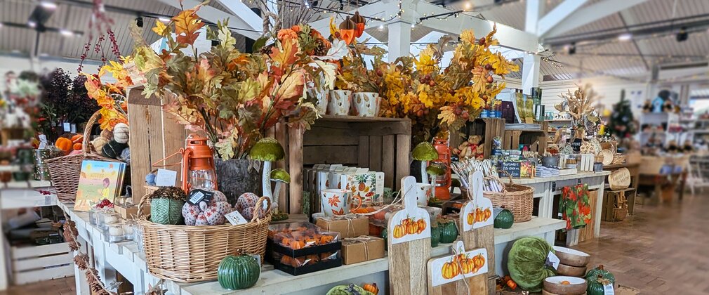 A shop display of autumnal products. 