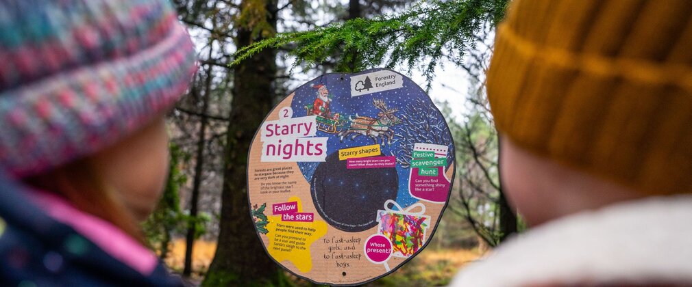 Two children in winter coats and hats looking at a Stick Man panel in the forest.