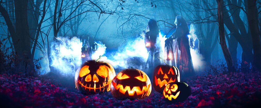 Illustrations of pumpkins in front of trees and people walking with lanterns