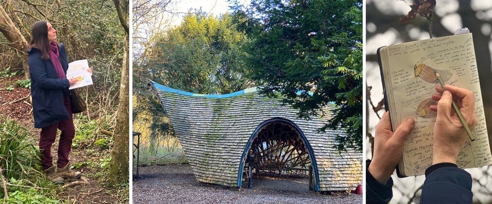 A montage of images showing nature journaling at the community shelter at Westonbirt Arboretum