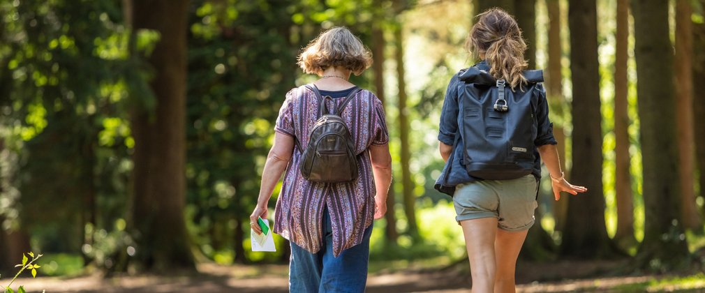 Two women walking towards trees in the forest