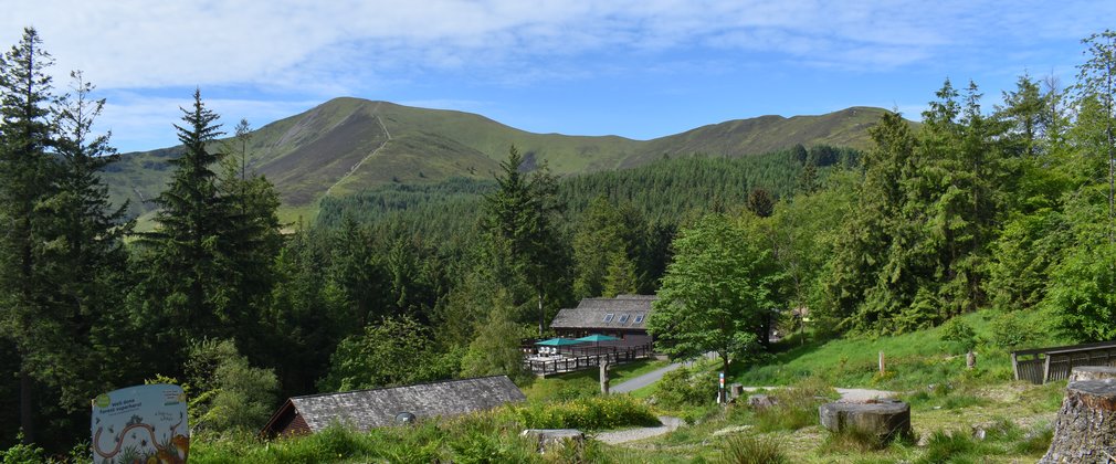 Whinlatter Forest visitor centre with Grizedale Pike in the background