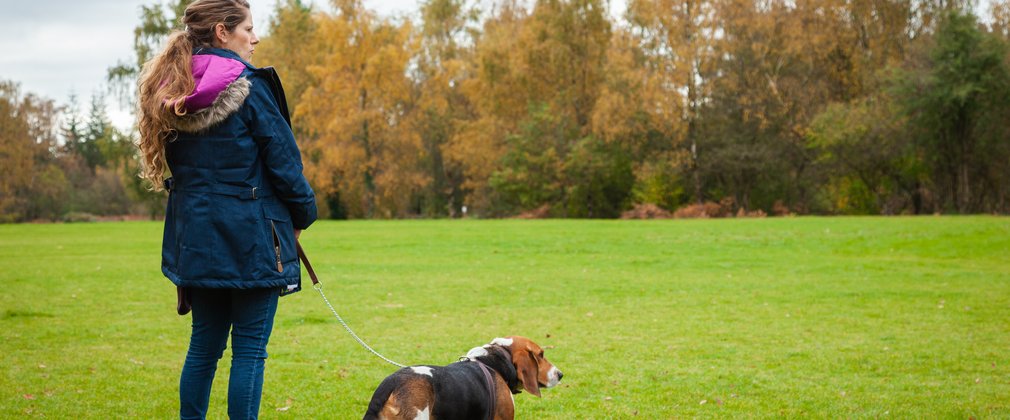 Woman and dog looking out over field 