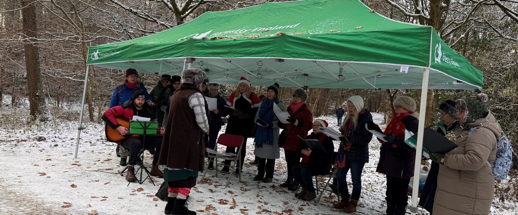 A group of people wearing hats and coats singing under a gazebo in the forest, with a dusting of snow on the ground