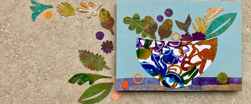 A collage of a bright bowl with leaves cascading off the page
