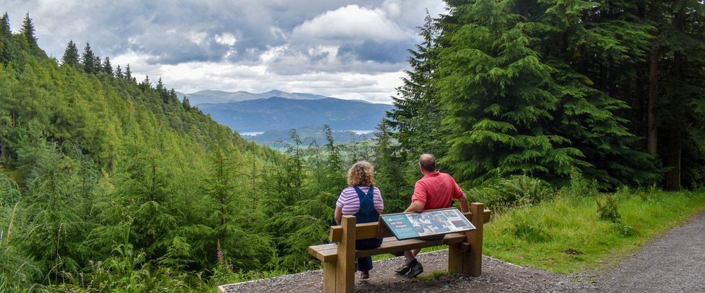 A couple sat on a bench away from the camera enjoying views of forests and mountains
